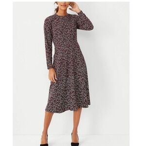 Ann‎ Taylor Dress 6 Maroon Black Cat Print Long Sleeve A Line Career